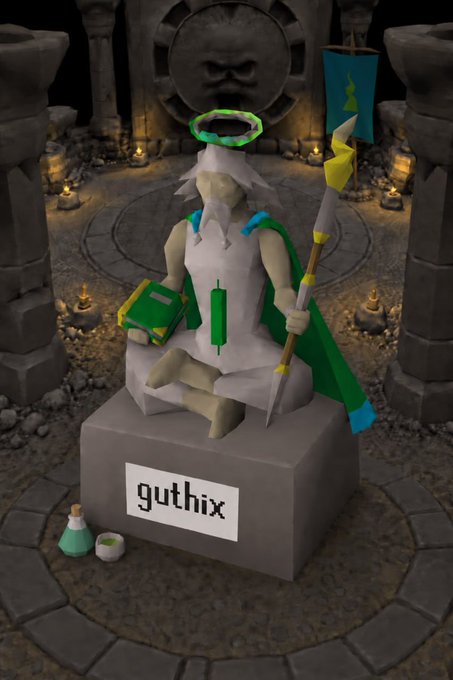 A 3D rendered character from RuneScape labeled 'guthix' sits cross-legged on a stone pedestal holding a staff, with potions beside the pedestal in a temple setting.