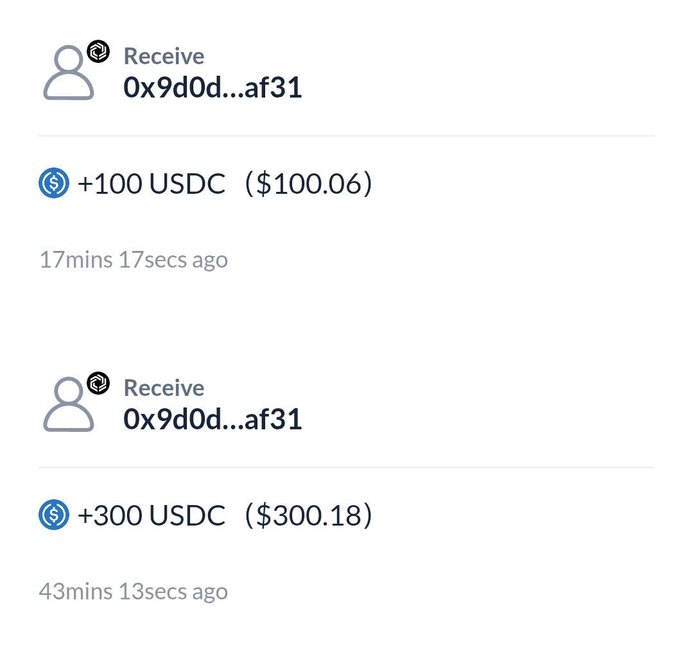 A mobile wallet interface displays two incoming USDC transactions: +100 USDC ($100.06) received 17 minutes ago and +300 USDC ($300.18) received 43 minutes ago from the address 0x9d0d...af31.