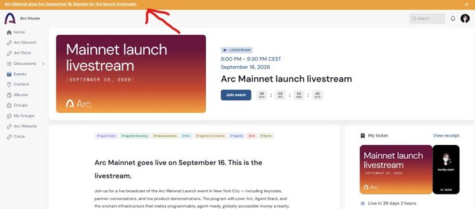 A screenshot of the Arc browser event page titled 'Mainnet launch livestream' scheduled for September 16, 2026, with a red arrow pointing to a notification bar.