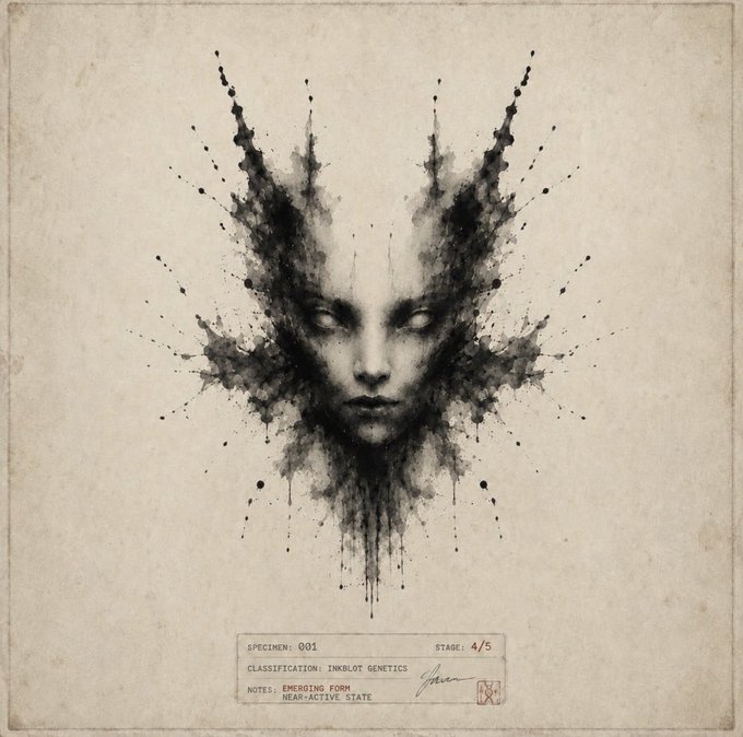 The image features a black and white drawing of a face with a lot of splatter paint around it. The drawing appears to be a sketch or illustration rather than a realistic portrait. It has been posted online, possibly as part of an art collection or social media account dedicated to inkgeneticsNFT. The post includes text that reads "SPOILER! SCR CLASSIFICATION DARK STREAK 4.5". This suggests that the image might be related to a specific artist's work or a particular type of inkgeneticsNFT content, and it has been shared with an audience interested in such art forms.