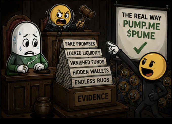 A cartoon-style graphic referencing 'PUMP.ME $PUME', contrasting a sweating, accused character with a stack of evidence labeled 'FAKE PROMISES' and 'LOCKED LIQUIDITY' against a cheering figure promoting the project.