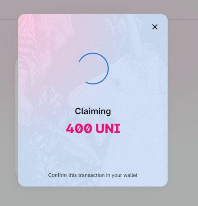 A modal window displays a loading spinner with the text "Claiming 400 UNI" and "Confirm this transaction in your wallet," referencing the historic Uniswap airdrop. The image illustrates the nostalgia of the 2020 DeFi era, when receiving 400 UNI tokens was a significant windfall during a period of widespread yield farming.