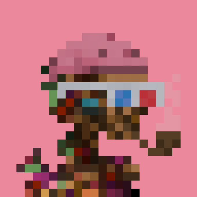 A heavily pixelated, mosaic-style image of a character resembling Kirby wearing what appears to be a brown hat against a pink background.
