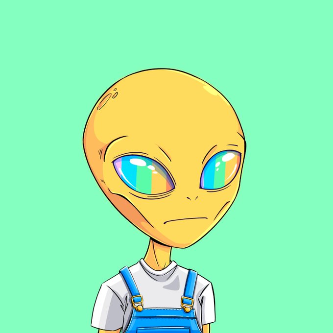 A digital illustration of a yellow alien character with large, rainbow-reflective eyes wearing a white t-shirt under blue overalls against a mint green background.