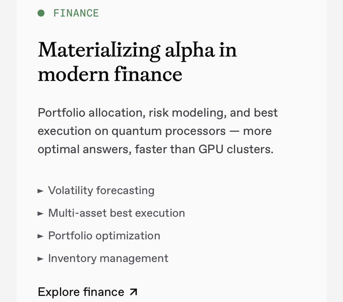 A finance webpage titled 'Materializing alpha in modern finance' promoting quantum computing solutions for portfolio allocation, risk modeling, and best execution with applications in volatility forecasting, multi-asset execution, portfolio optimization, and inventory management.