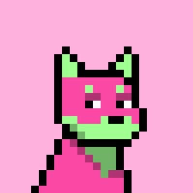 A pixel art image of a green-skinned character with pink fur/clothing and a pink headband against a pink background.