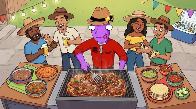A cartoon scene shows a purple-skinned character in a red shirt and sombrero grilling meat with onions on a large outdoor grill, surrounded by smiling friends in sombreros, with various side dishes, tortillas, and a cooler of drinks on adjacent tables.