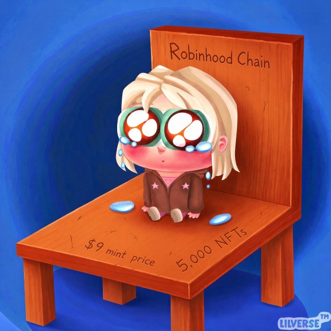 A sad, crying chibi-style character with oversized glasses sits on a wooden bench labeled "Robinhood Chain" with "$9 mint price" and "5,000 NFTs" inscribed on it, symbolizing the struggle and tears over trying to purchase the limited NFT drop at its low price point mentioned in the post.