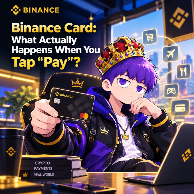 An anime-style promotional graphic titled 'BINANCE Card: What Actually Happens When You Tap "Pay"?' featuring a purple-haired character with a crown holding a black Binance-branded Mastercard.