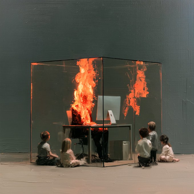 A conceptual artwork showing children sitting around a transparent cube containing a desk with a computer that is engulfed in flames, reflecting the fire on its glass walls.