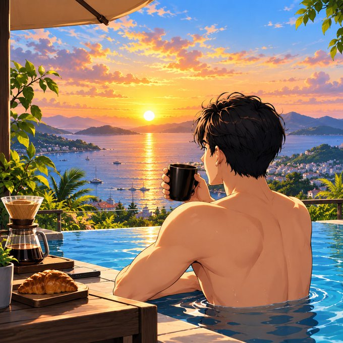 An anime-style illustration shows a shirtless young man with dark hair sitting in an infinity pool at sunset, holding a black mug, with a coffee setup and croissants nearby overlooking a coastal town.