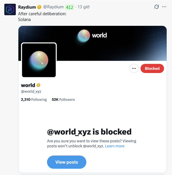A tweet from Raydium (@Raydium) reads "After careful deliberation: Solana" alongside an image showing the @world_xyz account marked as "Blocked," illustrating Raydium's playful retaliation after World announced its move from Solana to Robinhood Chain.