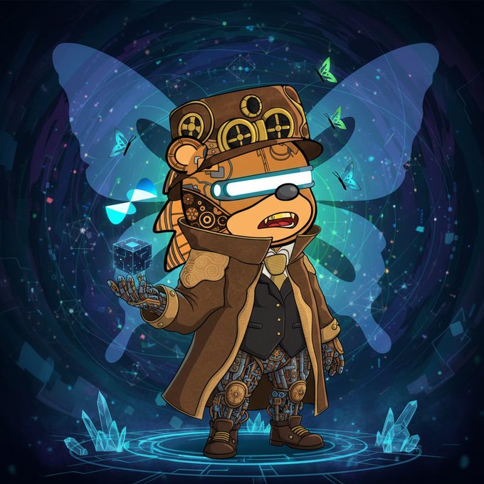 A steampunk-style illustration of an anthropomorphic bear character wearing a top hat with goggles, a long coat, and mechanical body parts, holding a small cube while surrounded by glowing butterflies and crystals on a magical background.