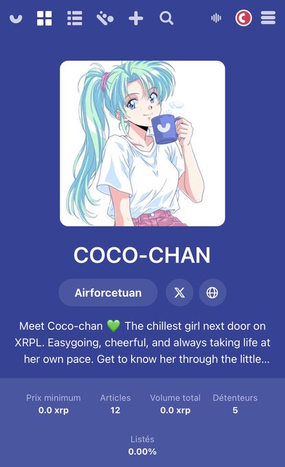 An XRPL profile page for 'COCO-CHAN' with the handle 'Airforcetuan', featuring an anime-style illustration of a turquoise-haired girl drinking from a mug.