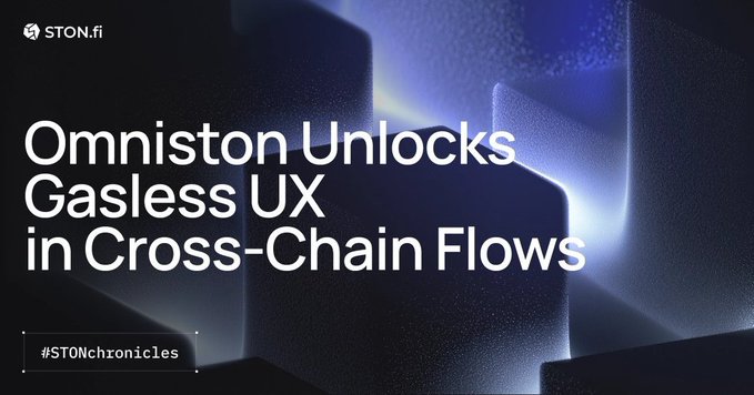 The image features a close-up of a black cube with white text on it. The text reads "OMNISTON UNLOCKS GASLESS UX IN CROSS-CHAIN FLOWS", which appears to be part of an advertisement or promotional material for a cryptocurrency called @ston_fi.