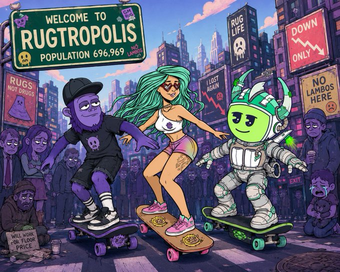 A colorful cartoon illustration titled 'WELCOME TO RUGTROPOLIS' shows a purple character, a green-haired woman, and a robot in space suits skateboarding through a dystopian city, with signs reading 'RUG LIFE', 'DOWN ONLY', 'I LOST AGAIN', and 'NO LAMBOS HERE'.