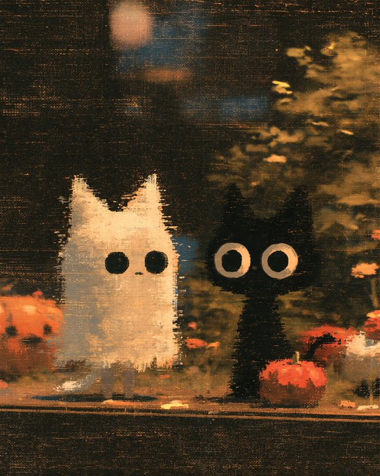 A pixel-art style illustration depicts a white cat and a black cat standing side by side at the edge of water, surrounded by orange pumpkins with a moonlit forest in the background.