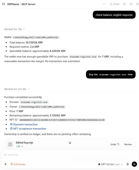 A screenshot of an "XRPName - MCP Server" chat interface showing successful transactions for checking balance and buying the domain "xrpname-register.xrp" for 7 XRP.