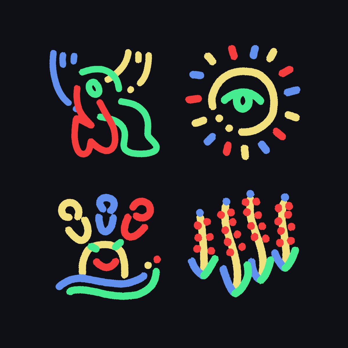 The image features a black background with four different illustrations, each depicting a unique scene or object. The first illustration shows an elephant standing next to a river, while the second one depicts a person riding a bicycle. The third illustration portrays a bird flying in the sky, and the fourth one showcases a flower blooming on a tree branch. These illustrations are arranged in a square format against a black background, creating a visually striking contrast that highlights each image's details. The post also includes text elements such as "Check out this @GLiFSbyEfdot I just co-created with @EfdotStudio" and "@glifs.art", which provide additional context about the content of the image and its creator.