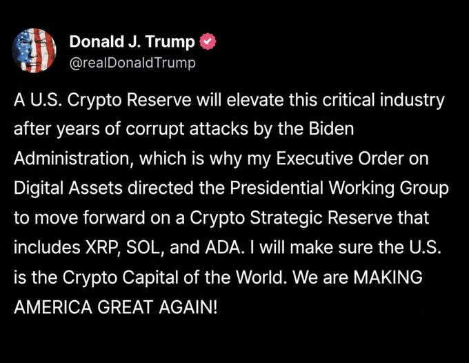 A tweet from Donald J. Trump (@realDonaldTrump) announces a U.S. Crypto Strategic Reserve including XRP, SOL, and ADA, aiming to make the U.S. the "Crypto Capital of the World." The accompanying post emphasizes Trump's naming of XRP as the first asset for this reserve as a significant and intentional milestone.