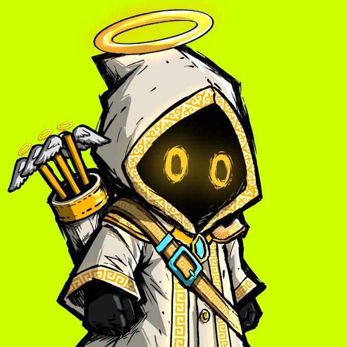 A cartoon illustration of a hooded figure with a golden halo, glowing yellow eyes, and winged arrows in a quiver, set against a bright lime-green background.