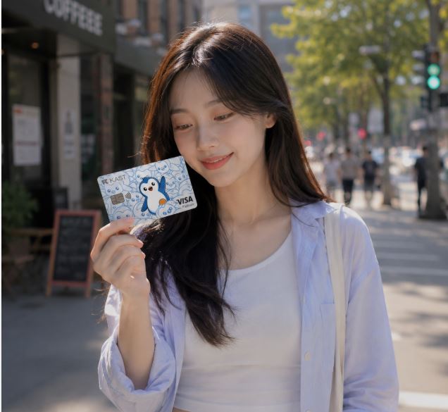The image features a woman holding up a Visa card with a penguin design on it while standing outside of a coffee shop or cafe. The post seems to be promoting the use of cryptocurrency, specifically the Penguins Card, as a practical way to spend digital assets in everyday life.