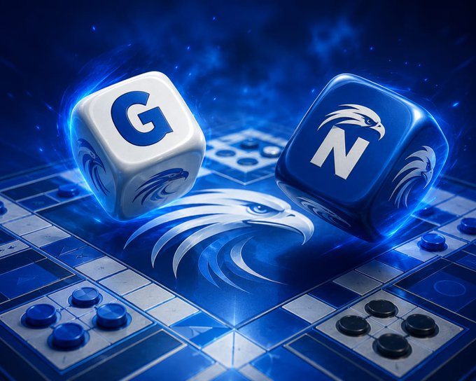 Two glowing blue dice featuring the letters "G" and "N" hover above an eagle-themed board game, visually spelling out "GN" as an abbreviation for "Good Night." The dynamic, lit-up composition ties into the "good night builders" message with its game-night atmosphere and bold initials.