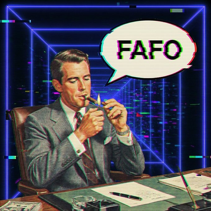A retro vaporwave-style illustration of a man in a suit lighting a cigar, with a speech bubble reading 'FAFO' against a neon blue cityscape background.