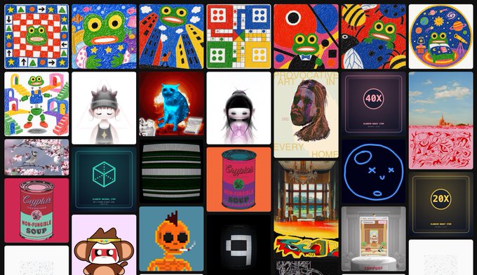 A collage of colorful NFT artwork thumbnails featuring various digital art pieces including Campbell's soup cans, frogs, faces, and abstract designs.