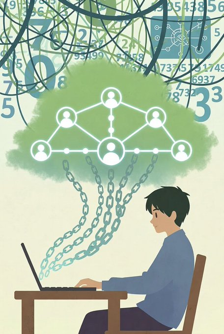 An illustration shows a person at a laptop with chains connecting to a network diagram floating in a green cloud, surrounded by numbers and circuit-like patterns in the background.