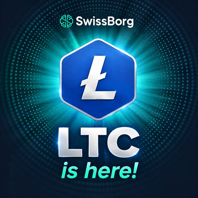 A promotional graphic displays the SwissBorg logo with a blue hexagonal Litecoin (LTC) symbol and text reading 'LTC is here!' on a glowing background.