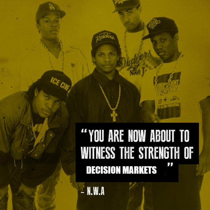 A yellow-tinted promotional image of the rap group N.W.A. features the iconic quote "You are now about to witness the strength of decision markets" attributed to "N.W.A." The post highlights Omnipair's growth, using the meme to humorously suggest that decision markets (or Omnipair's performance) are demonstrating impressive strength, mirroring the bold bravado of the famous quote.
