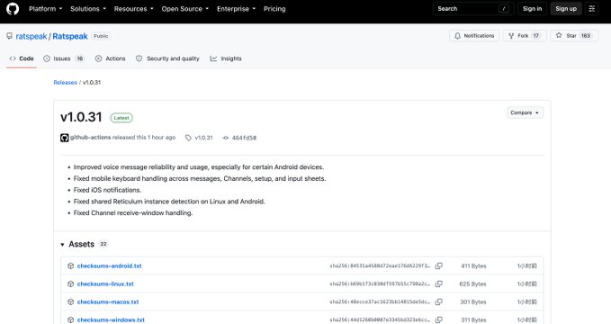 A GitHub repository page for 'ratspeak/Ratspeak' showing the v1.0.31 release notes with details about improved voice message reliability, fixed mobile keyboard handling, iOS notifications, and other bug fixes.