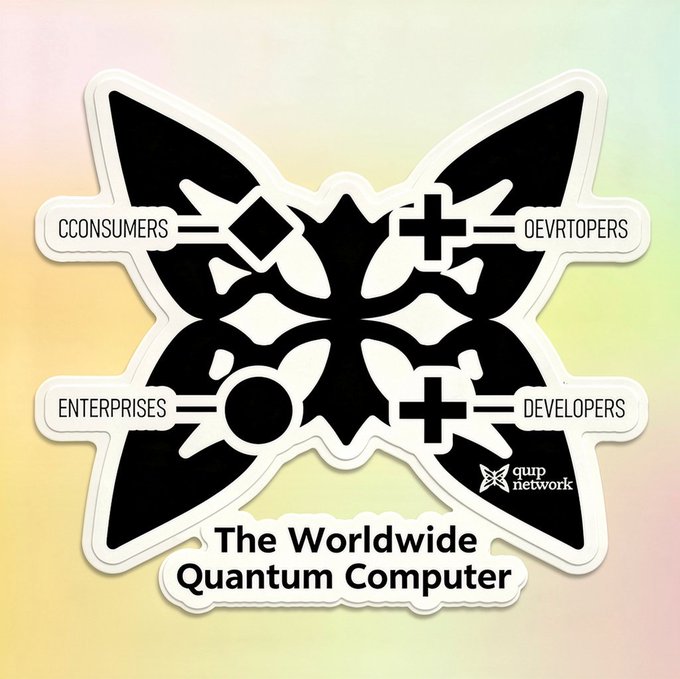 "The worldwide Quantum Computer" is a sticker that reads "The worldwide Quantum Computer" written in white letters, with an image of a butterfly below it. The butterfly has black wings and is surrounded by four different icons representing consumers (a book), developers (an apple), and designers (a computer). These icons are arranged in a square shape, with the butterfly at the center. Below this, there's text that reads "The worldwide Quantum Computer" written in white letters.