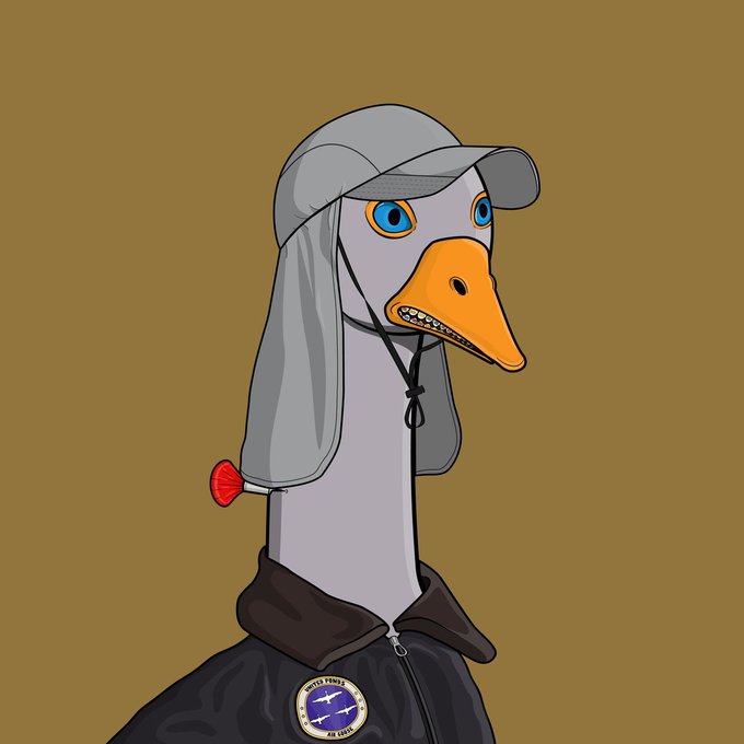 The image features a cartoon goose wearing a hat, jacket, and a badge that reads "@CrazyGooseFlock NFT". The goose appears to be standing against a brown background with a yellow border. There is also text in the image that reads "We have added a @CrazyGooseFlock NFT to our giveaway/raffle vault", which suggests that this image might be related to an online auction or contest where the goose has won something valuable, such as a rare collectible item or digital asset.