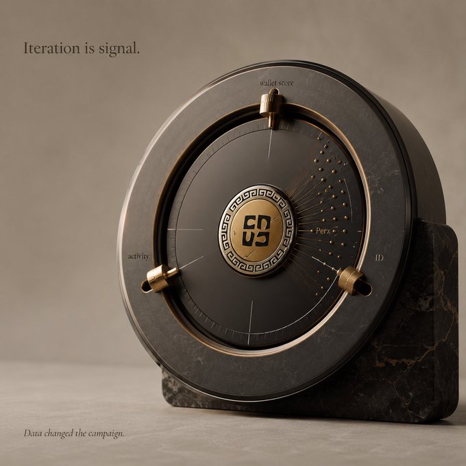 A sleek, circular metallic device with gold accents displaying "65" and "Perx," with the text "Iteration is signal" at the top and "Data changed the campaign" at the bottom.