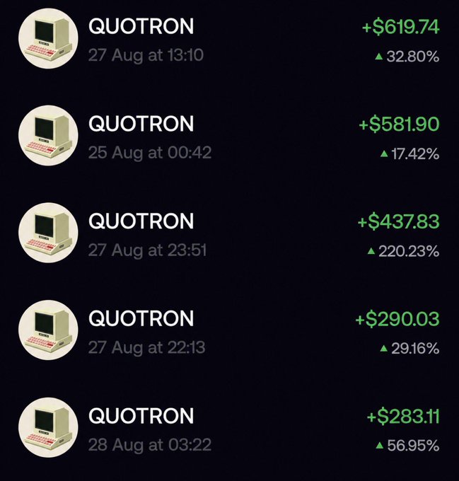 A screenshot showing five QUOTRON trades with profits of +$619.74, +$581.90, +$437.83, +$290.03, and +$283.11, totaling over $2,200 in gains as referenced in the post about trading the meme coin over a three-day period.