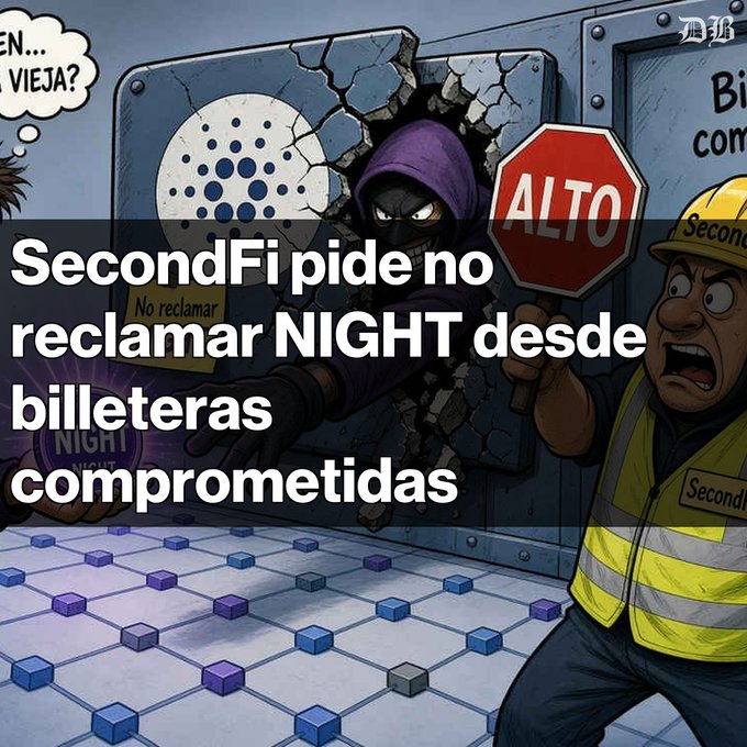 A cartoon image with the headline 'SecondFi pide no reclamar NIGHT desde billeteras comprometidas,' depicting a hooded figure breaking through a wall and a worker holding an 'ALTO' stop sign.