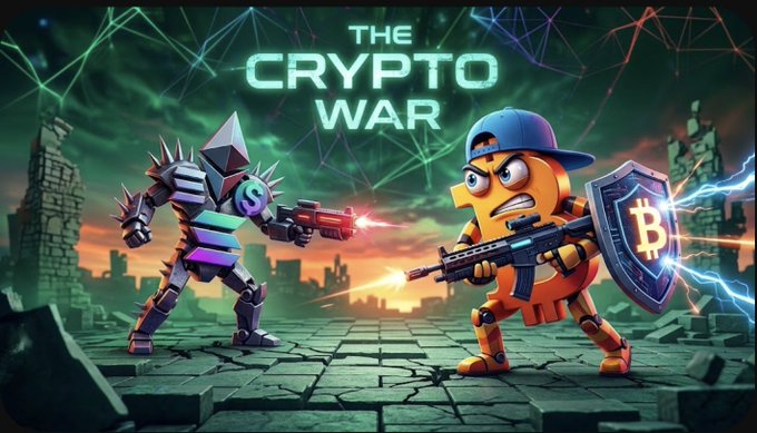 Promotional artwork titled 'THE CRYPTO WAR' featuring an armored spiky character with an 'S' shield fighting against a Bitcoin-themed character holding a rifle and shield.