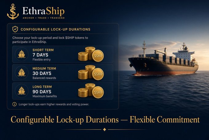 The image is a promotional graphic for EthraShip highlighting its "Configurable Lock-up Durations" feature, displaying three staking tiers — Short Term (7 Days, Flexible entry), Medium Term (30 Days, Balanced rewards), and Long Term (90 Days, Maximum benefits) — for locking up $SHIP tokens, alongside an image of a cargo ship on the ocean. It directly illustrates the post's point that EthraShip's staking contracts allow users to choose their own lock-up period rather than enforcing a single fixed duration.