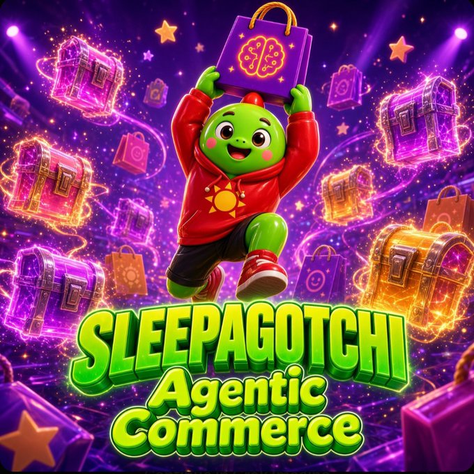 A colorful promotional graphic for 'SLEEPAGOTCHI Agentic Commerce' featuring a green cartoon character in a red hoodie holding up a purple shopping bag, surrounded by glowing treasure chests and shopping bags.