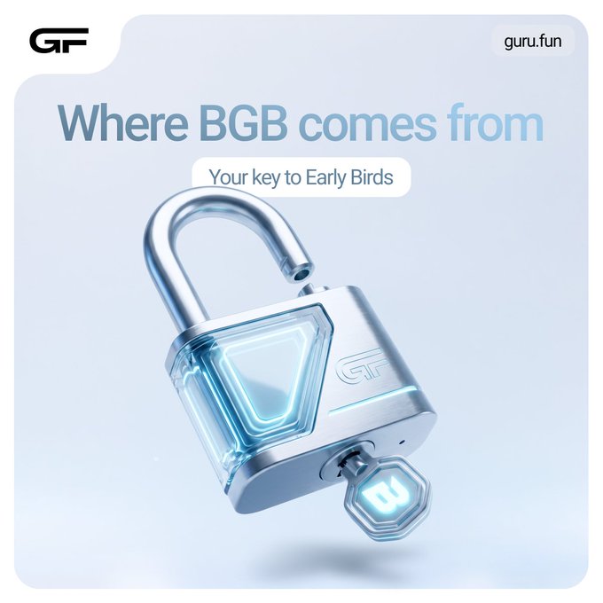 A promotional graphic for guru.fun titled 'Where BGB comes from' with the subtitle 'Your key to Early Birds', displaying a glowing futuristic padlock with the 'B' key.