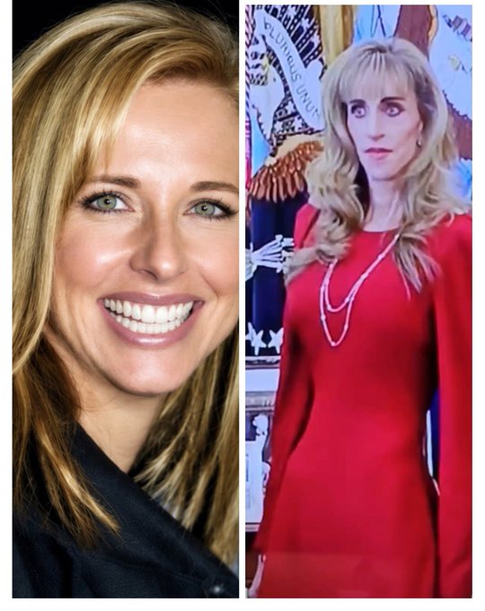 A side-by-side image comparing two blonde women, with one in a black top on the left and another in a red dress on the right.
