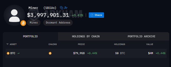 A screenshot of a cryptocurrency portfolio for 'Miner (18iuO)' showing a total balance of $3,997,901.31, including a holding of 50 BTC valued at $4M.