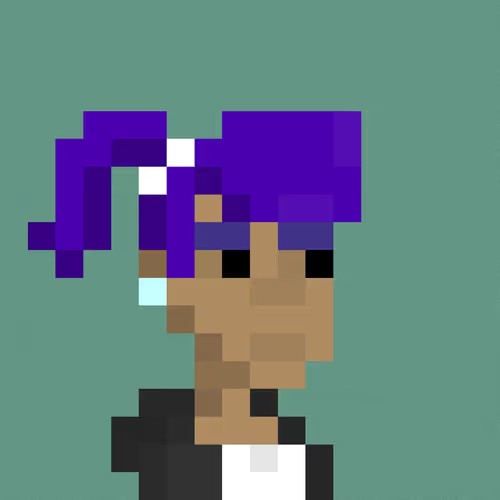 A low-resolution pixel art portrait of a character with purple hair and brown skin set against a solid green background.