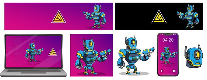 A collection of digital illustrations featuring a blue and yellow robot character pointing a finger gun, displayed across various devices and backgrounds including banners, a laptop, and a smartphone screen.