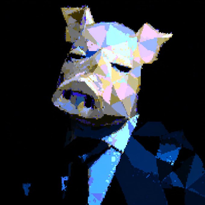 A low-poly digital artwork depicting a stylized pig or boar character wearing a dark blue suit against a black background.