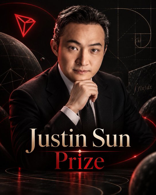 A promotional graphic featuring a portrait of a man in a suit above the text "Justin Sun Prize", set against a dark background with math and crypto-related graphics.