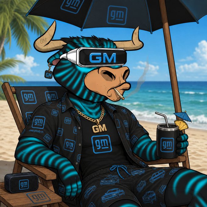 A relaxed anthropomorphic bull with teal-striped fur lounges on a beach chair under a palm tree, wearing a VR headset emblazoned with "GM," smoking a cigarette, and holding a tumbler cup and tiny umbrella, all while dressed in a black shirt, gold chain, and shorts heavily branded with "gm" logos alongside illustrations of classic cars.