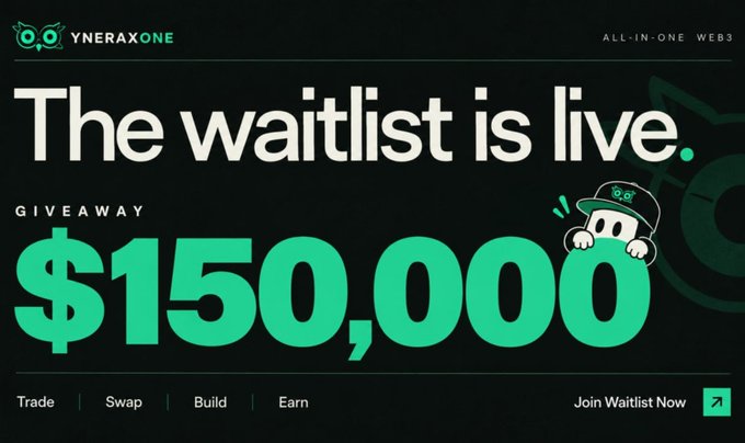 A promotional banner for 'Yneraxone' (All-in-One Web3) announcing 'The waitlist is live' with a $150,000 giveaway, featuring a green mascot character and options to Trade, Swap, Build, and Earn.